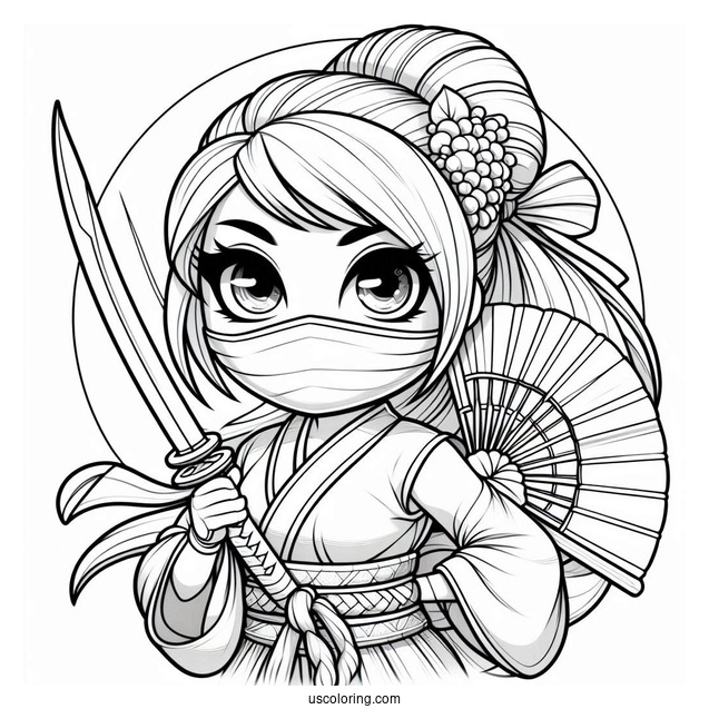 Ninja Holding A Sword And A Fan Coloring Page