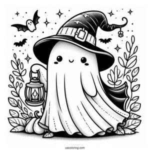 Ghost Pumpkin Coloring Page With Cape And Witch Hat Holding A Lantern