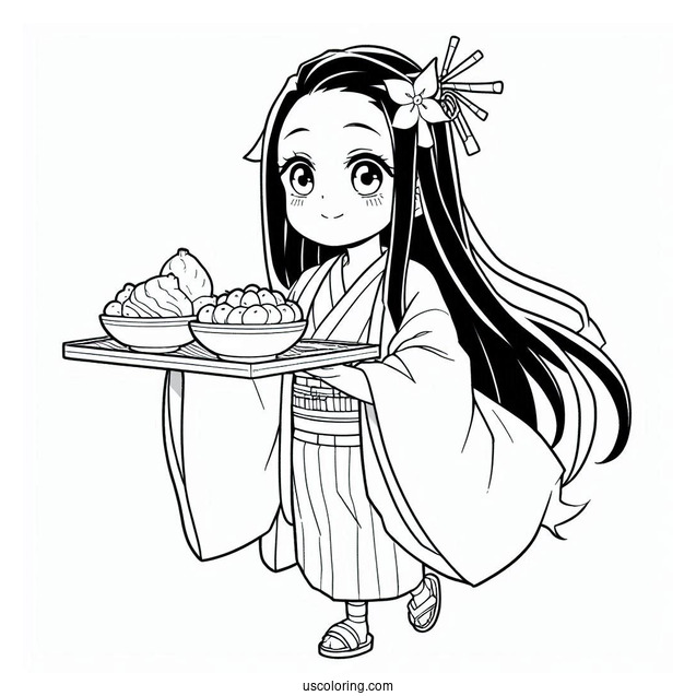 Nezuko Coloring Page And Muichiro Carring Tray Of Food