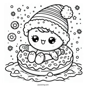 Baby Donut Coloring Page Playing In The Snow On Christmas