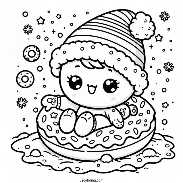 Baby Donut Coloring Page Playing In The Snow On Christmas