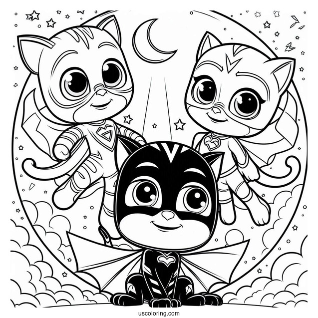 PJ Masks Coloring Page Of Gekko, Catboy, And Owelette In The Night Sky