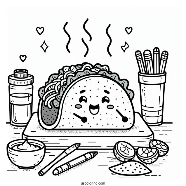 Adorable Taco On The Kitchen Coloring Sheet For Kids