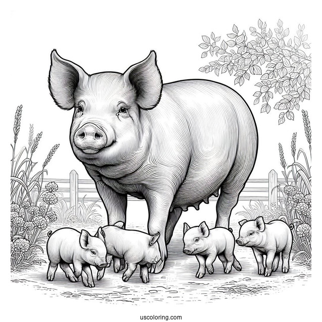 Realistic Mother Pig With Piglets To Color