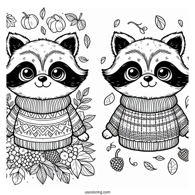 Cute Raccoon Coloring Page In A Sweater In Fall