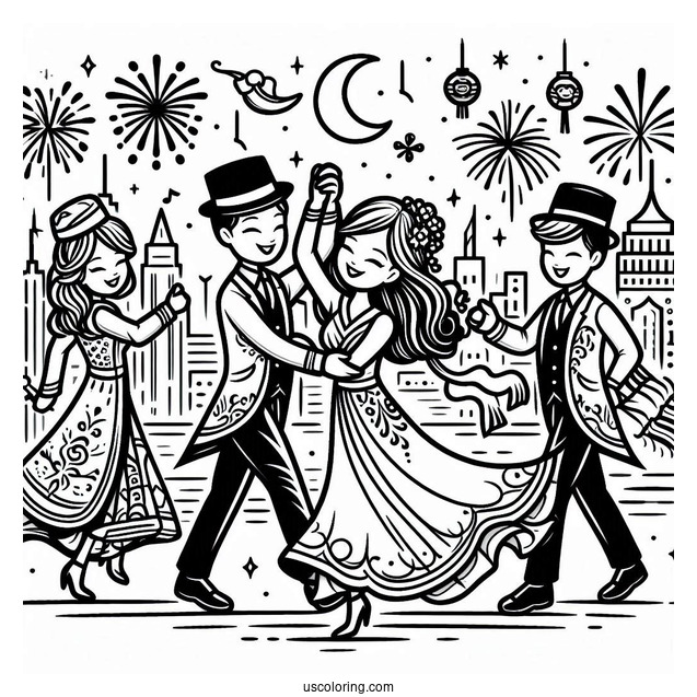 Men And Women Dancing On New Year Coloring Page For Kids