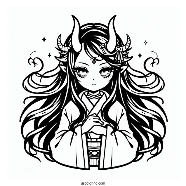 Demon Nezuko Coloring Page With Horn