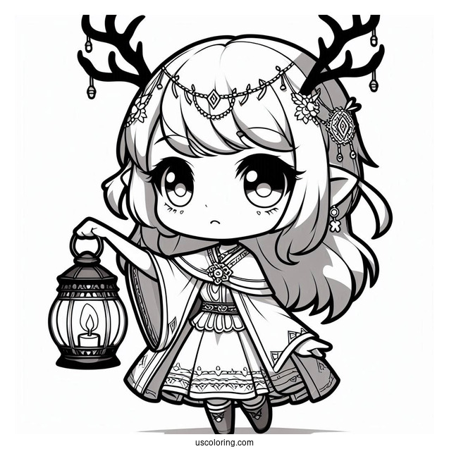 Chibi Girl With Large Antlers Holding A Lamp