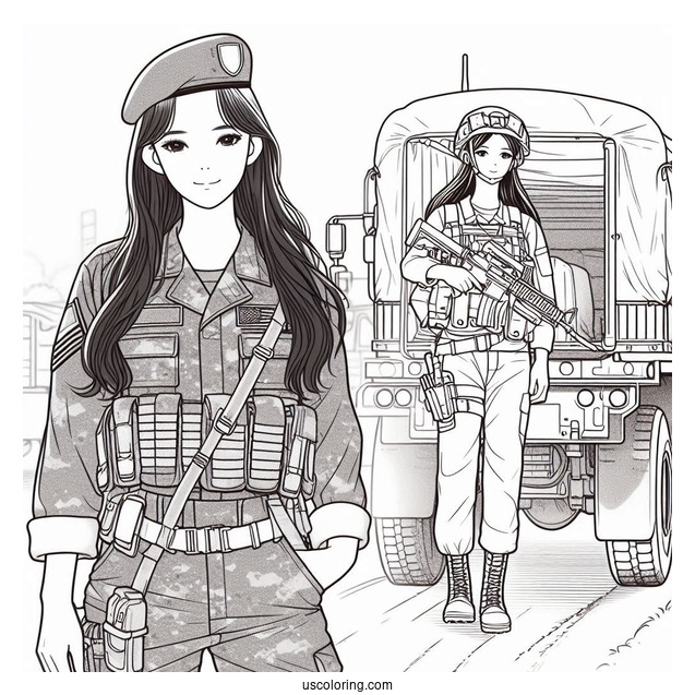 Female Soldier Coloring Page Standing In Front Of Military Truck