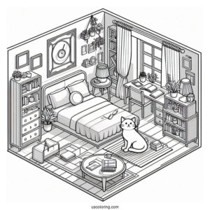 Modern Isometric Bedroom Coloring Page With A Large Cat