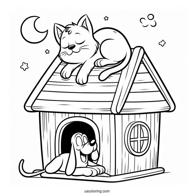 Cat Sleeping On Top Of Pluto Coloring Page In Dog House