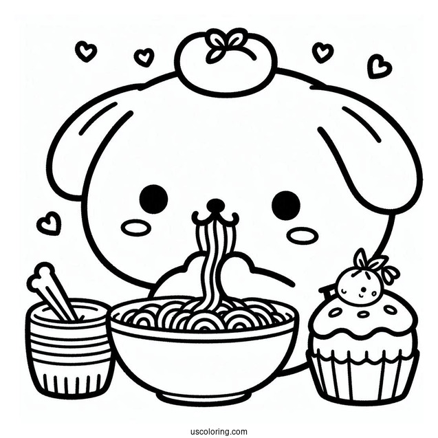 Pompompurin Eating Noodles With Muffin