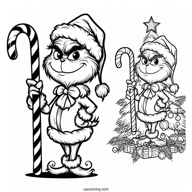 Grinch Holding A Candy Cane Coloring Page On Christmas Day