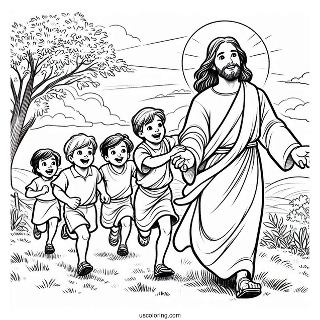 Kids Running To Jesus Coloring Page