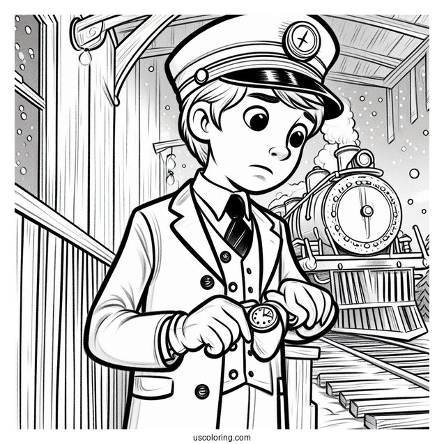 Polar Express Coloring Page Of Simple Conductor Checking The Time For Preschoolers