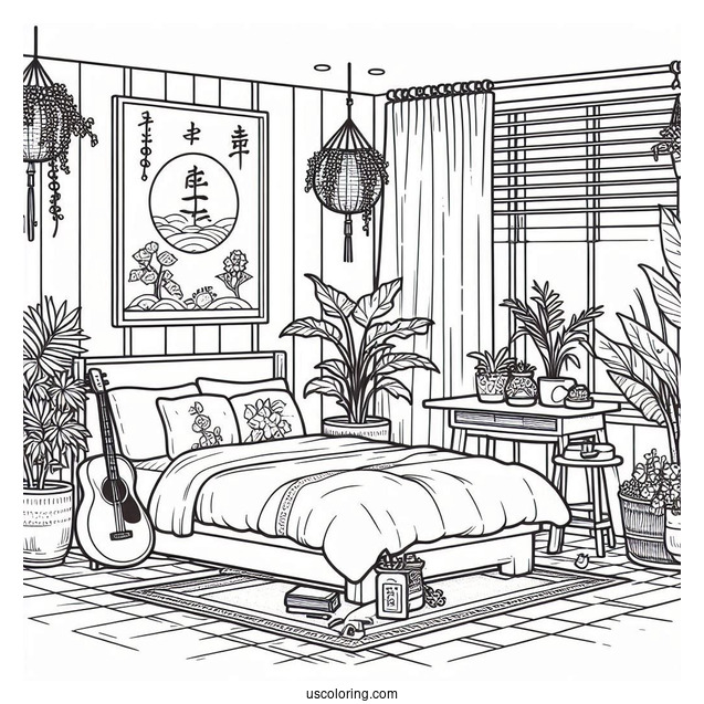 Bedroom Coloring Page Japanese Theme Bedroom With Plants And Guitar