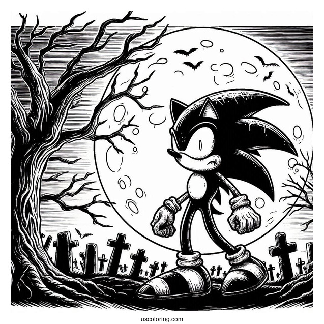 Creepy Sonic Exe Coloring Page With Dead Trees And Full Moon In Background