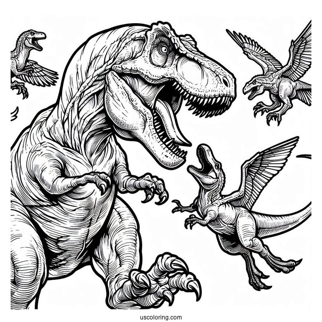 T-Rex Dinosaurs Fighting Velociraptors To Color