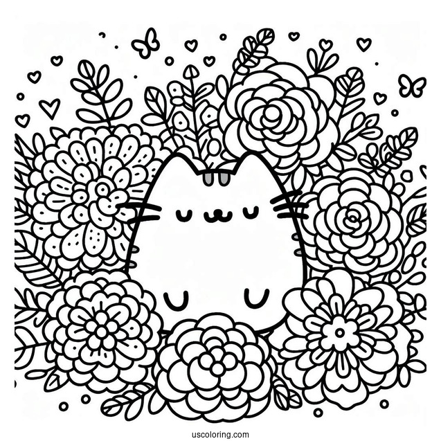 Floral Themed Pusheen Coloring Page For Adults