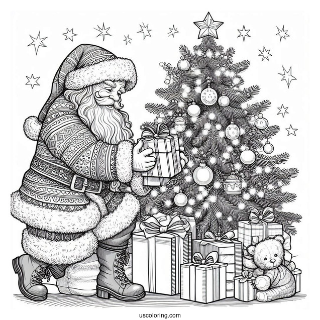 Father Christmas Putting Presents Under a Tree