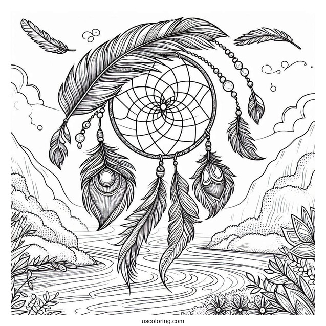 Dreamcatcher With Peacock Coloring Page Feathers Over River Landscape