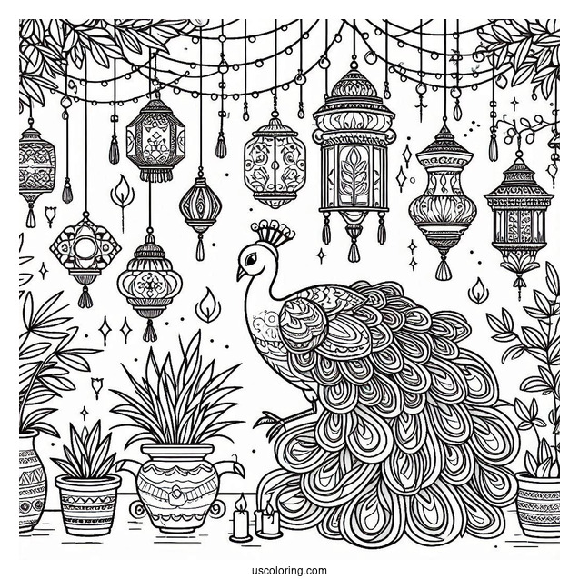 Elegant Peacock Coloring Page Among Hanging Lanterns And Potted Plants