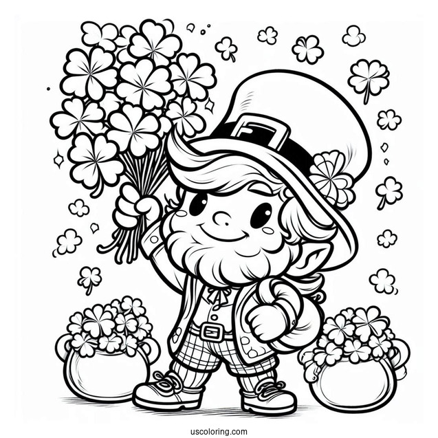 St. Patrick's Day Coloring Page Of Leprechaun Holding Up A Bunch Of Clovers