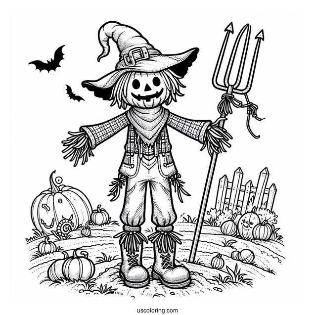 Halloween Scarecrow Coloring Page Holding A Digging Fork