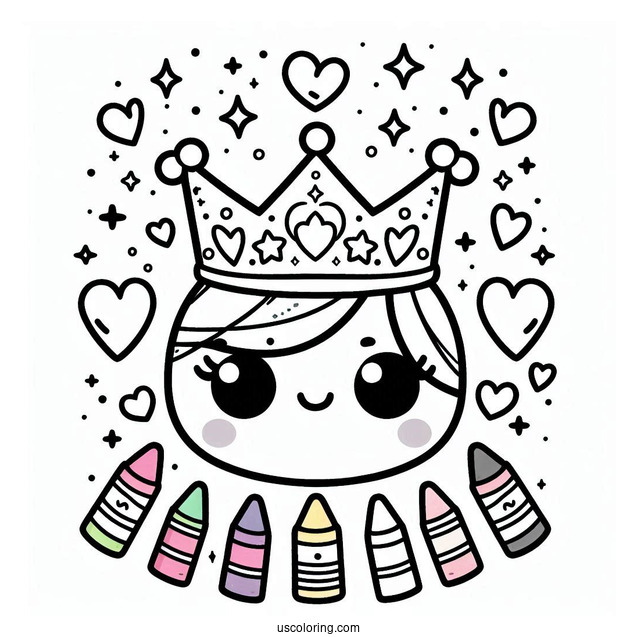 Cute DIY Crown Coloring Page with Hearts, Crayons, and Stars For Kids