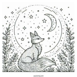 Fox Coloring Page Looking At Full Moon