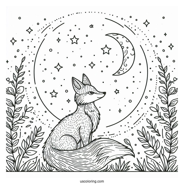 Fox Coloring Page Looking At Full Moon