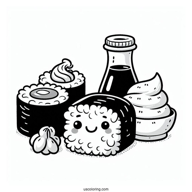 Cartoon Sushi Coloring Pages Variety, Wasabi, And Soy Sauce
