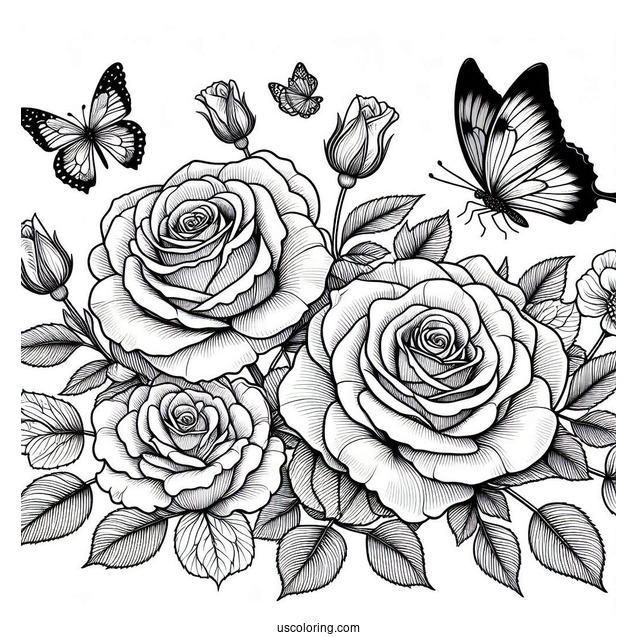 Beautiful Roses With Butterflies To Color