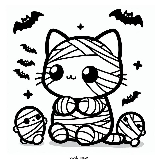 Kawaii Cat Mummy Coloring Page With Bats For Preschoolers
