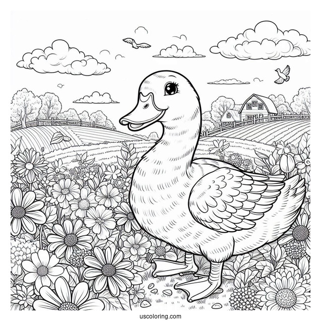 Farm Ducks Walking Through Flower Field