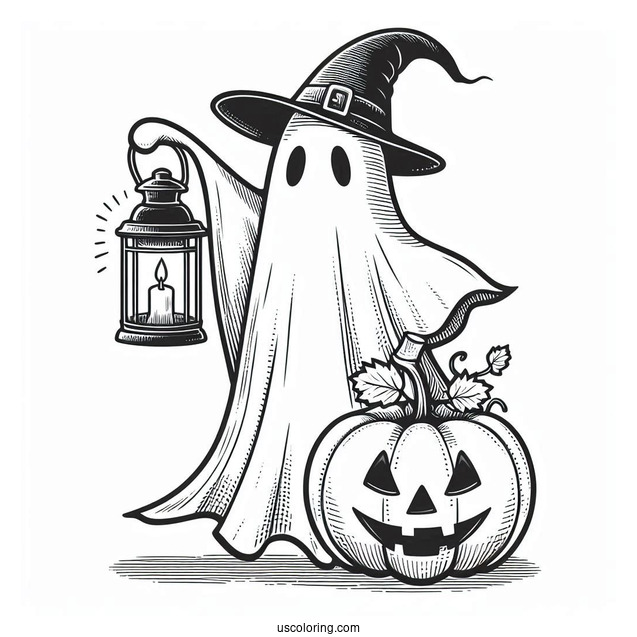 Ghost Pumpkin Coloring Page With Cape And Witch Hat Holding A Lantern