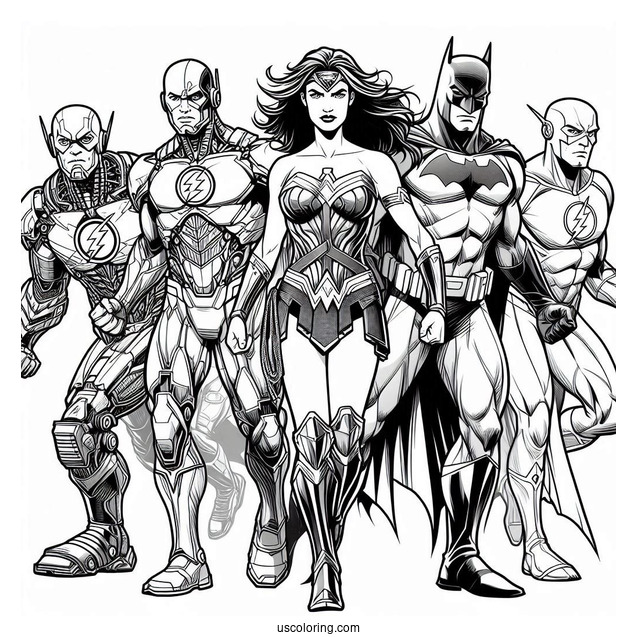 Justice League Coloring Page Of Cyborg, Green Lantern, Flash, Wonder Woman, Batman, And Superman