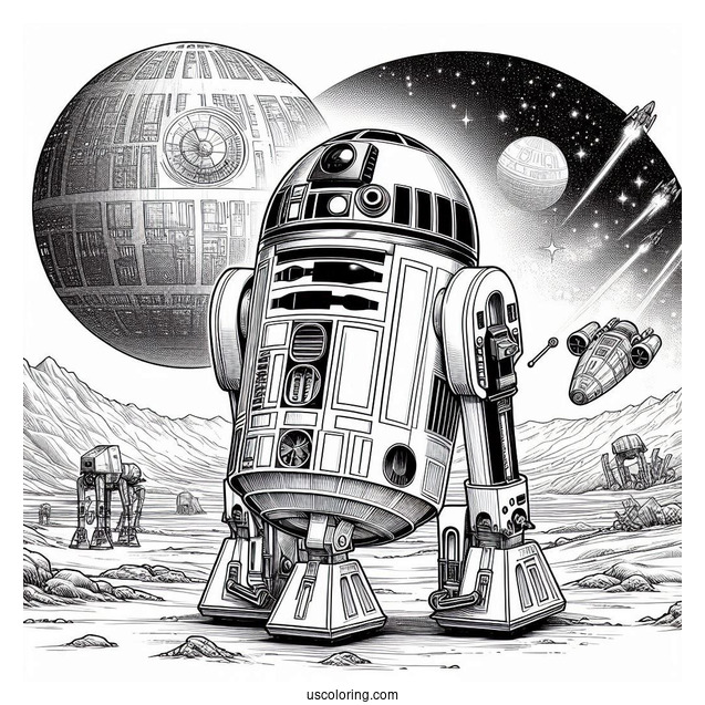 Realistic R2-D2 Coloring Page Outline On A Planet