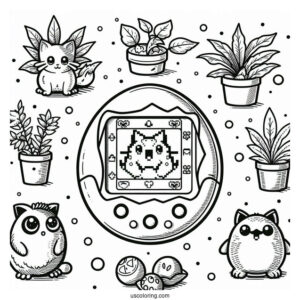 Realistic Tamagotchi Coloring Page Console With Pixelized Pets On The Screen