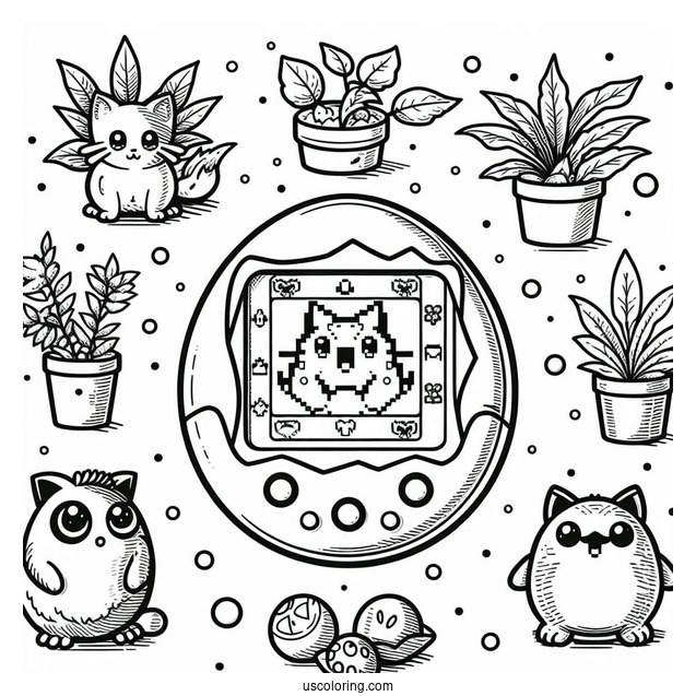 Realistic Tamagotchi Coloring Page Console With Pixelized Pets On The Screen