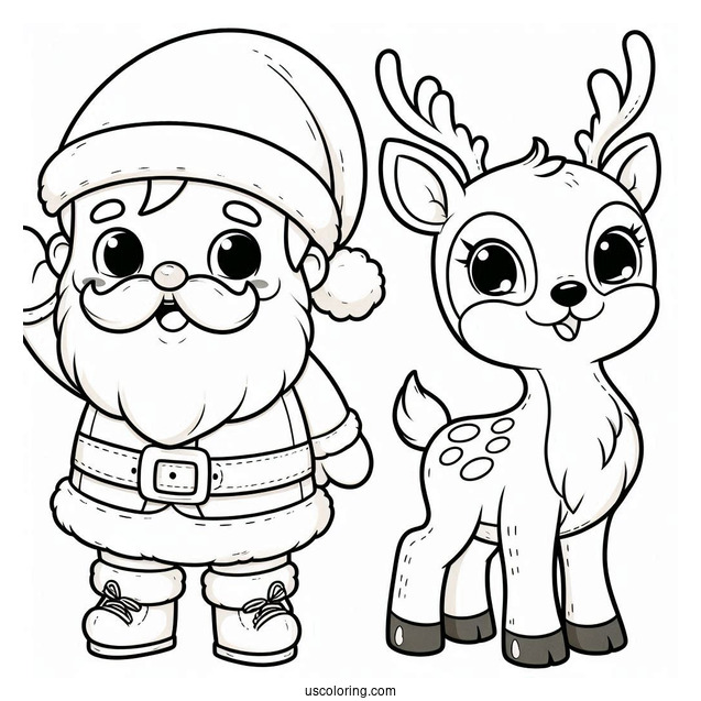 Cute Santa Waving With Rudolph Coloring Page Beside Him For Kids