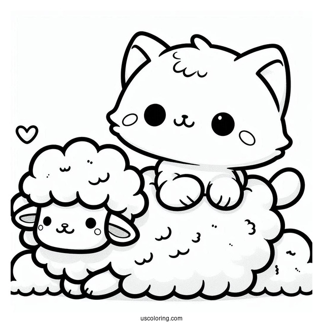 Kawaii Cat Sitting On A Fluffy Sheep Coloring Page