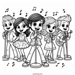 Sing Coloring Page Of Clay, Rosita, Johnny, Meena, Ash, And Friends In Rock N Roll Costumes