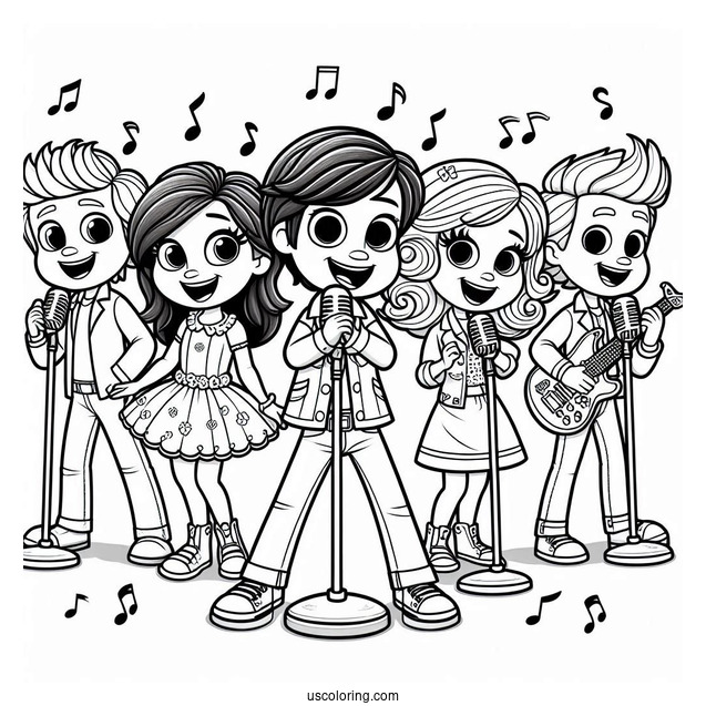 Sing Coloring Page Of Clay, Rosita, Johnny, Meena, Ash, And Friends In Rock N Roll Costumes
