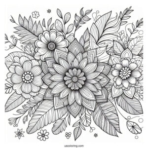 Detailed Flower Mandala With Loose Petals And Leaves Coloring Page