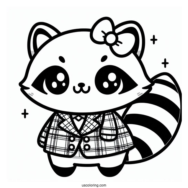 Kawaii Raccoon In A Plaid Jacket Coloring Sheet
