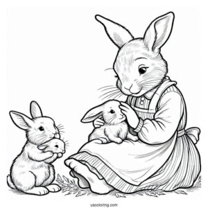 Josephine Rabbit Caring For Flopsy, Mopsy, Cotton Tail, And Peter Rabbit Coloring Page