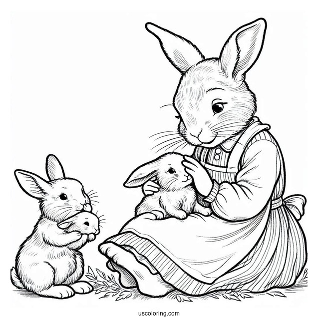 Josephine Rabbit Caring For Flopsy, Mopsy, Cotton Tail, And Peter Rabbit Coloring Page