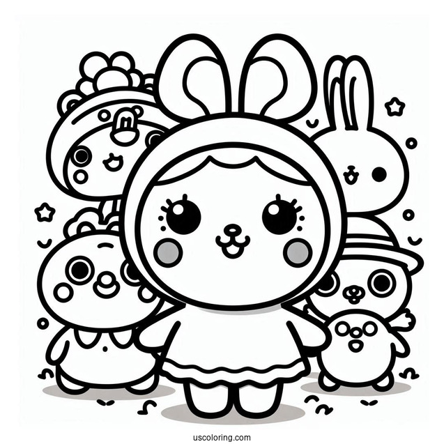 Pororo Coloring Page Surrounded By Poby, Harry, Rody, Eddy, Loopy, Petty, Crong, And Tongtong For Kids