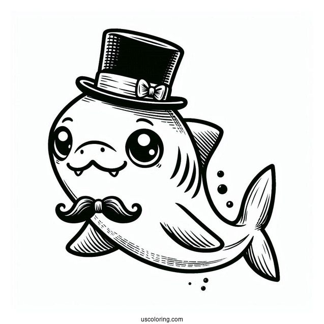 Cute Shark Coloring Page With Mustache, Bowtie, And Hat